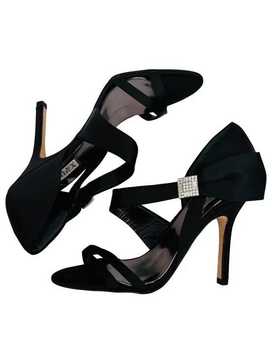 Badgley Mischka Black Satin Rhinestone Bow Heels 6 | dOrsay Formal Evening Shoes - Picture 14 of 16